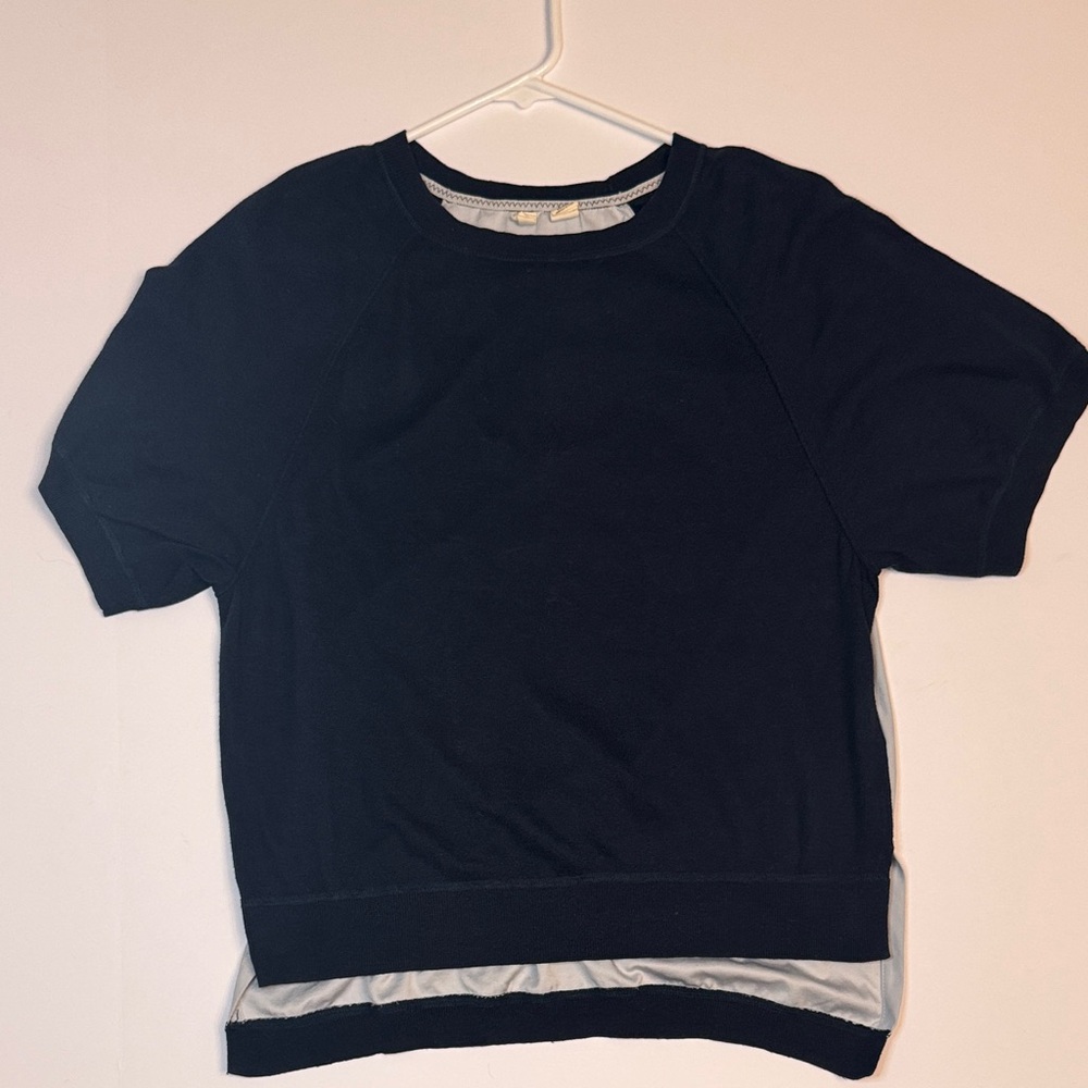 Moth Anthropologie Silk Blend Mixed Media Top Navy Gray Raglan Short Sleeve S